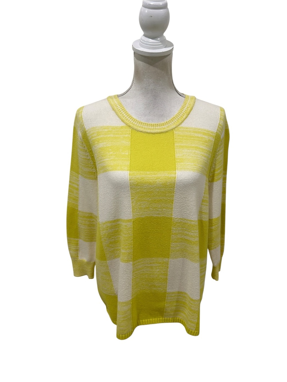 CAbi Yellow lime & Cream Checker plaid Knit Crew Sweater size small